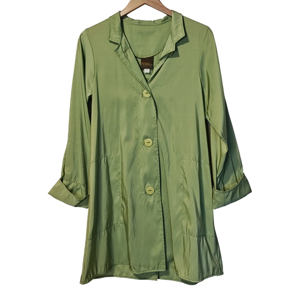 Maralyce Ferree Duster Jacket Women Small Green Iridescent Button Front Longline